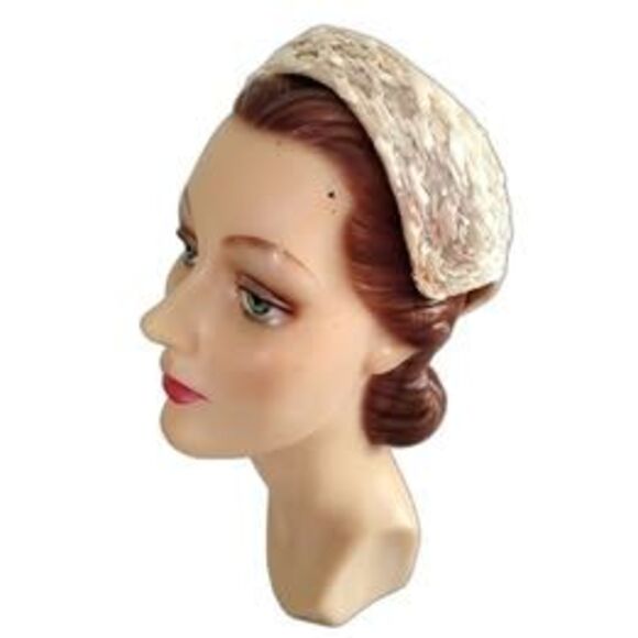 1950s Cream Satin Ribbon and Aurora Borealis Sequin Evening Hat - Picture 1 of 5